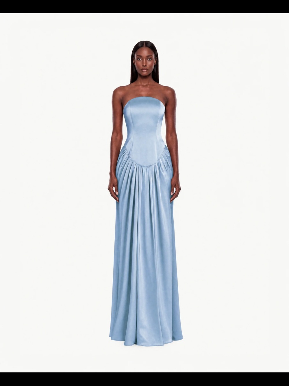 Strapless Light Blue Satin Maxi Dress with Gathered Skirt